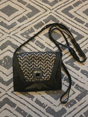 Elliott Lucca Black & Gold Woven Small Bag, Twist Fastener & Detachable Straps